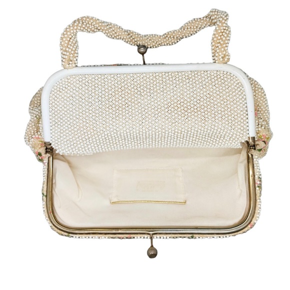 Vintage 50s lumured corde petite bead white pink floral handbag purse - Picture 2 of 6